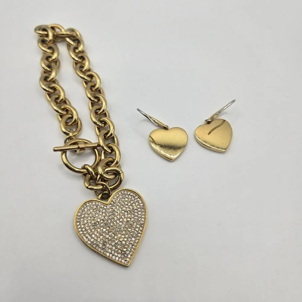 Michael Kors Gold-Tone Heart Charm Bracelet Earrings Rhinestone Accents